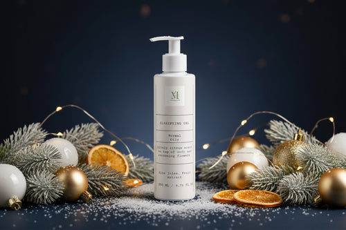 A tall, off-white pump bottle of 'Clarifying Gel' by the brand 'M1' on a clean, light gray studio background.