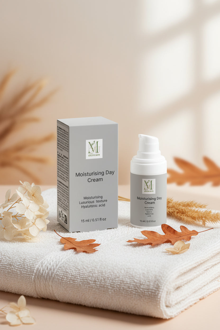 A skincare product set featuring a grey and white box and a matching pump bottle of Moisturising Day Cream by M Beauty, set against a clean light grey background.