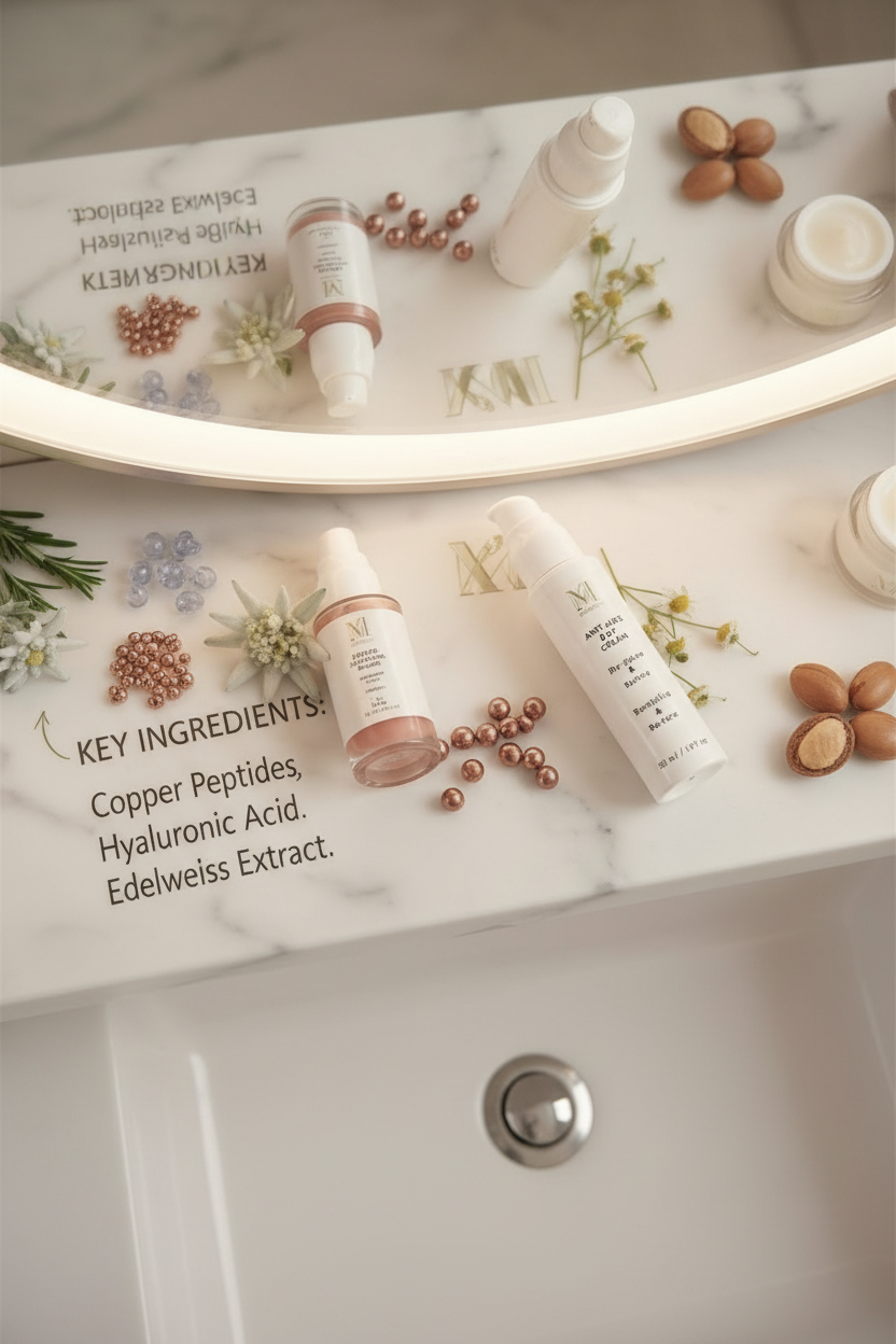 A woman in a white tank top holds two white Vionette skincare bottles in front of a lit oval bathroom mirror. The scene is set in a bright, modern bathroom with marble counter, decorative flowers, and a small jar on the counter.