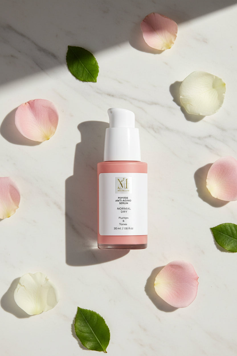 A bottle of Peptide Anti-Aging Serum with a white pump dispenser, a white label, and a coral pink base, centered on a light gray background.