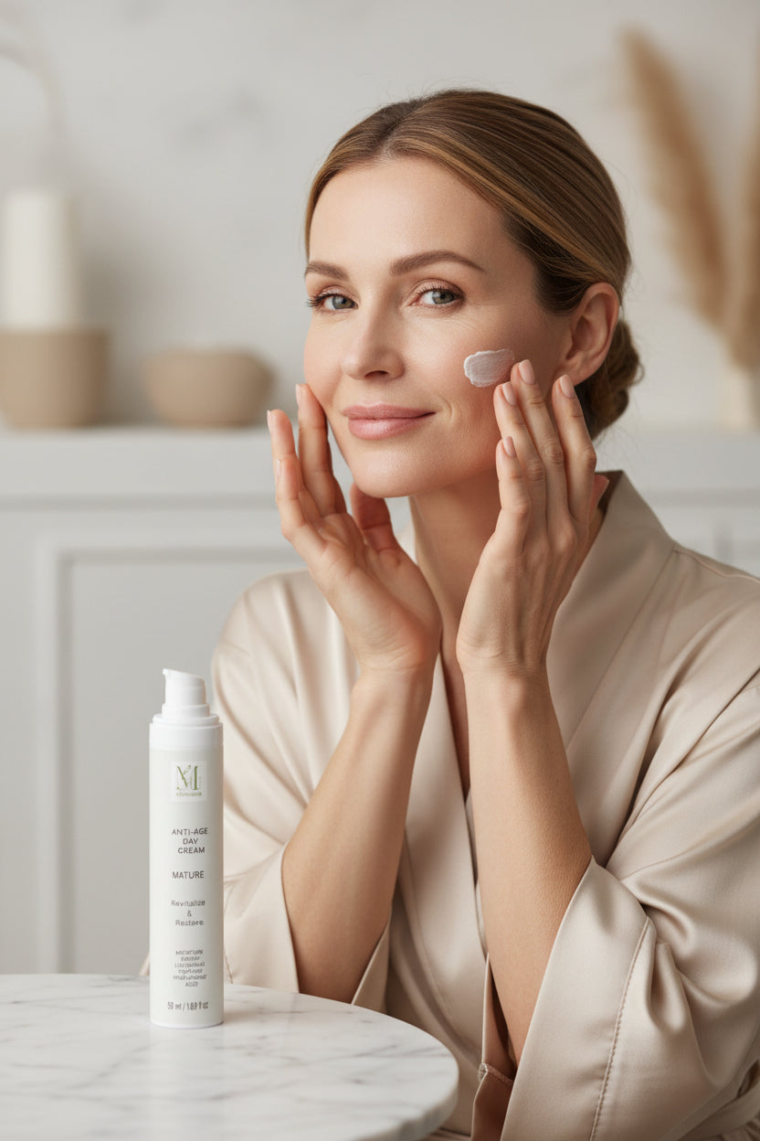 A white pump bottle of Anti-Age Day Cream Mature by M Mckenna, standing upright on a light gray background.