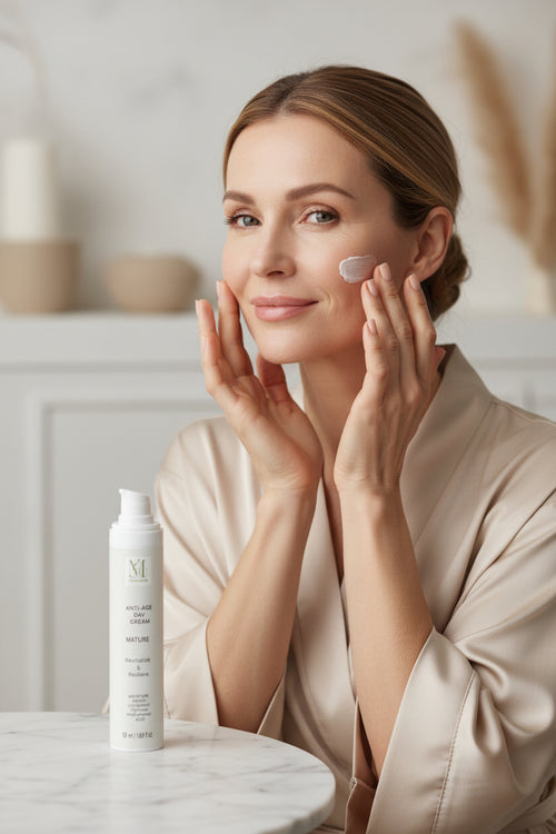 A white pump bottle of Anti-Age Day Cream Mature by M Mckenna, standing upright on a light gray background.