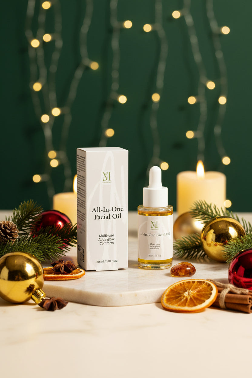 A 30 ml bottle of All-In-One Facial Oil with a white dropper cap stands next to its white packaging box on a light marble tray, styled with eucalyptus leaves and dried flowers against a warm beige marble background.