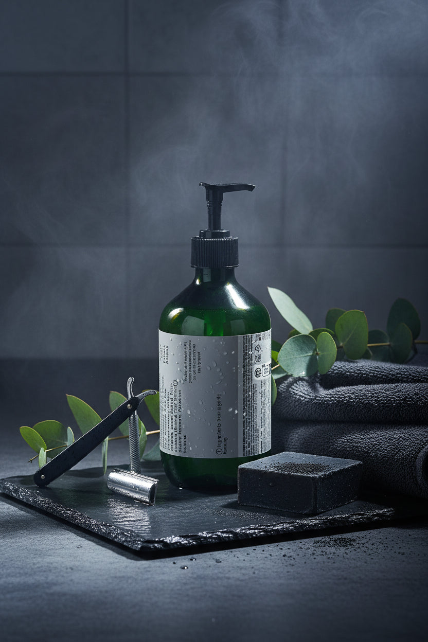Green bottle with pump and gray label on a white background