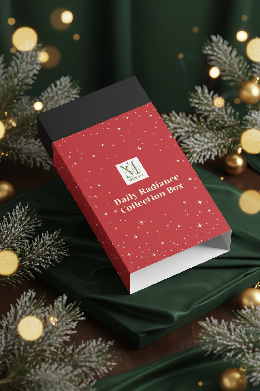 A red and black gift box labeled 'Daily Radiance Collection Box' with a white logo, shown on a clean light gray background.