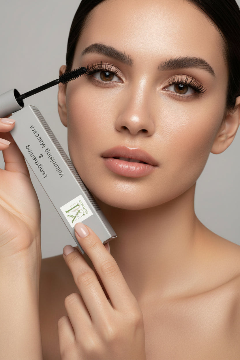 A tall, slim gray rectangular box for Lengthening & Volumising Mascara, featuring black text and a small white logo label near the bottom, set against a clean light gray background.