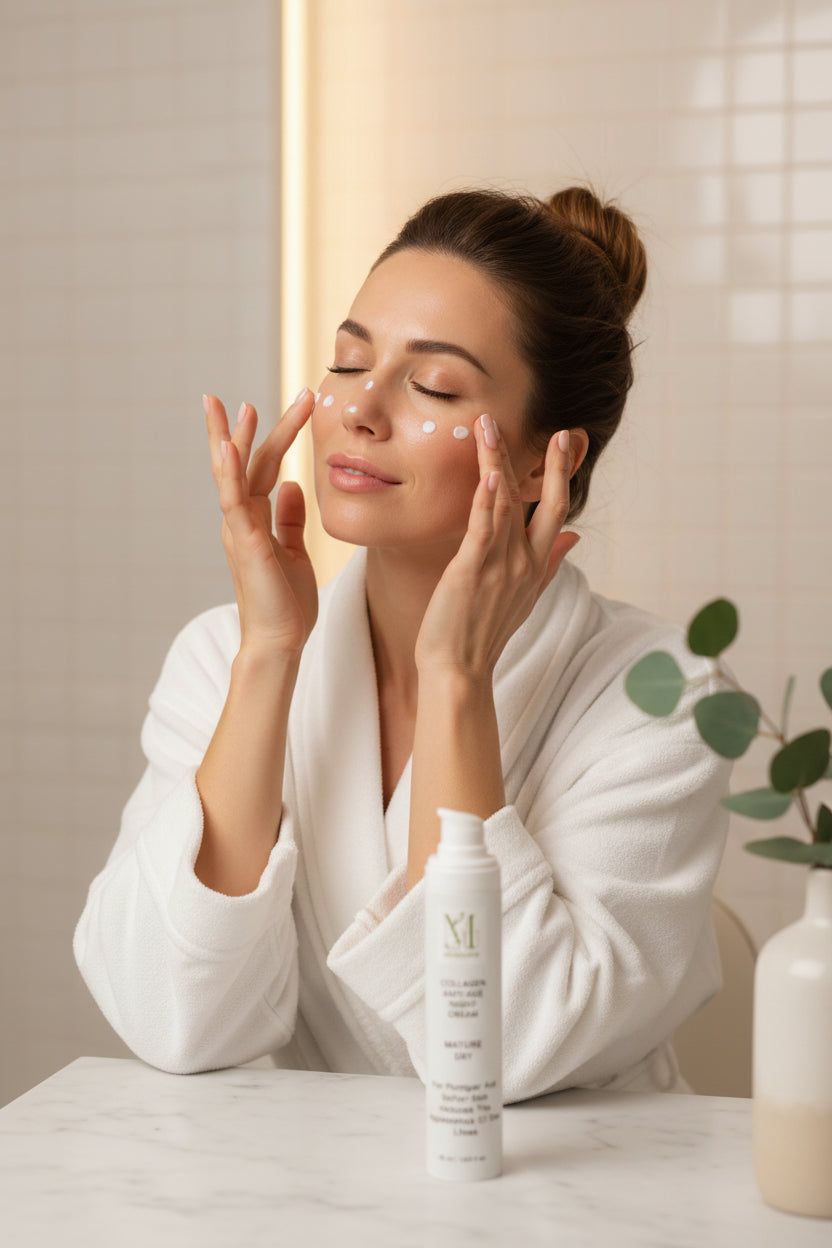 A skincare product set featuring a white pump bottle and its matching white rectangular box, both printed with the 'MU skincare' logo and 'COLLAGEN ANTI-AGE NIGHT CREAM MATURE DRY' text, on a light gray background.