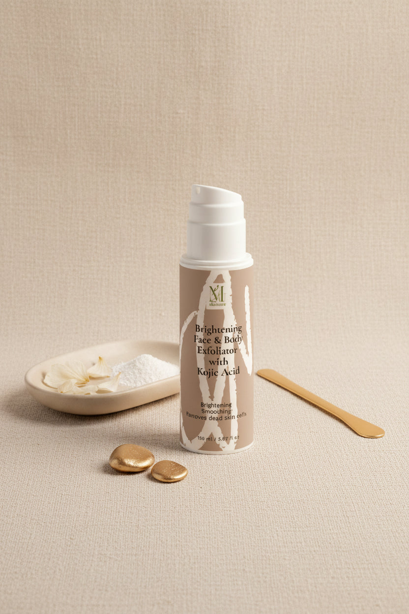 A skincare pump bottle labeled 'Brightening Face & Body Exfoliator with Kojic Acid' by MIA Aesthetics, featuring a taupe label with white brushstroke graphics and a white pump dispenser, set against a clean white background.