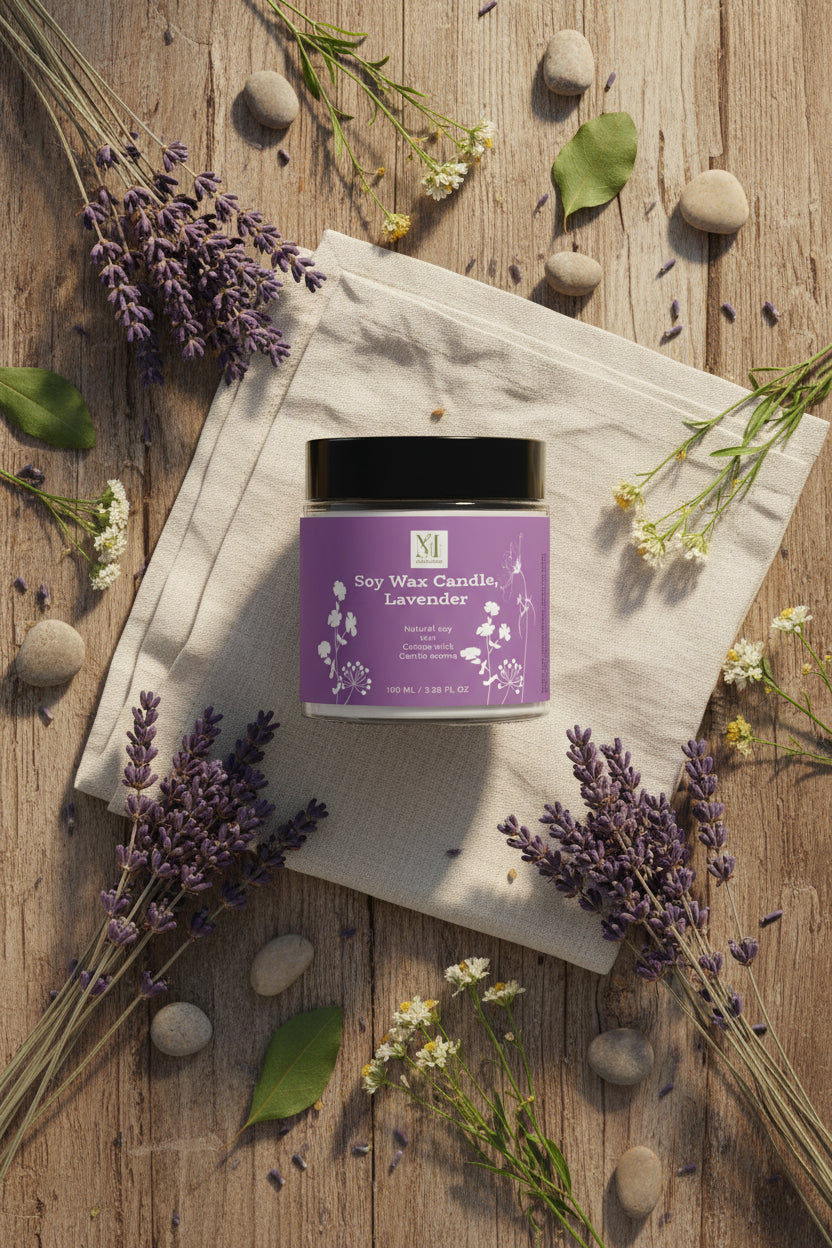 Skinly soy wax candle in lavender on a light gray background