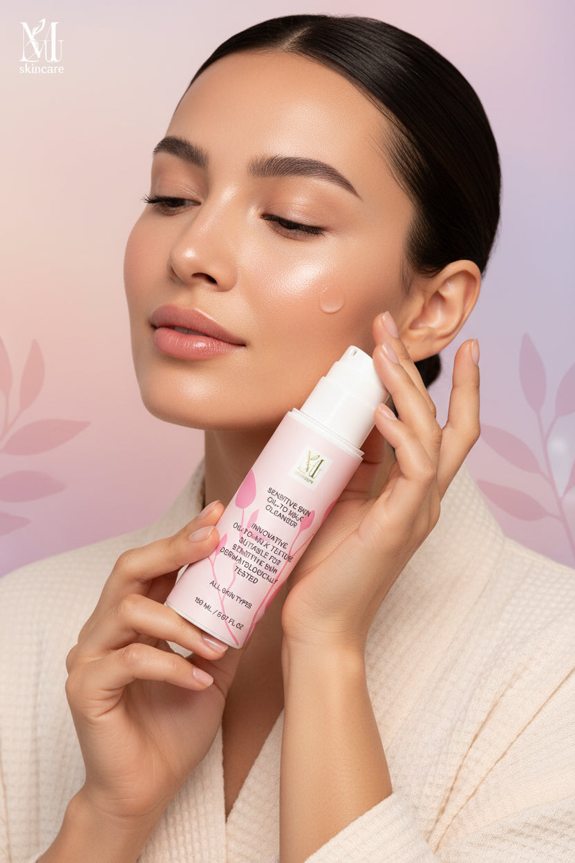 A 150 ml pump bottle of M Molecules Sensitive Skin Oil to Milk Cleanser, featuring a light pink label with white text and a white pump dispenser, set against a clean white background.