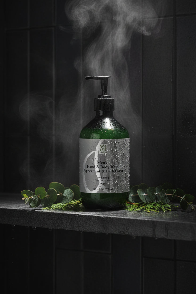 A dark green glass pump bottle of men's hand and body wash with a black dispenser and a light gray label, set against a plain light gray background.