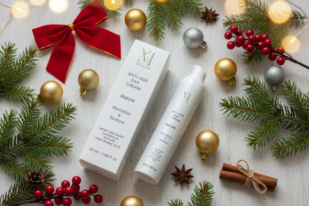 A skincare product set featuring a white pump bottle and its matching white rectangular box, labeled 'Anti-Age Day Cream Mature' by 'MIL skincare', on a clean white background.