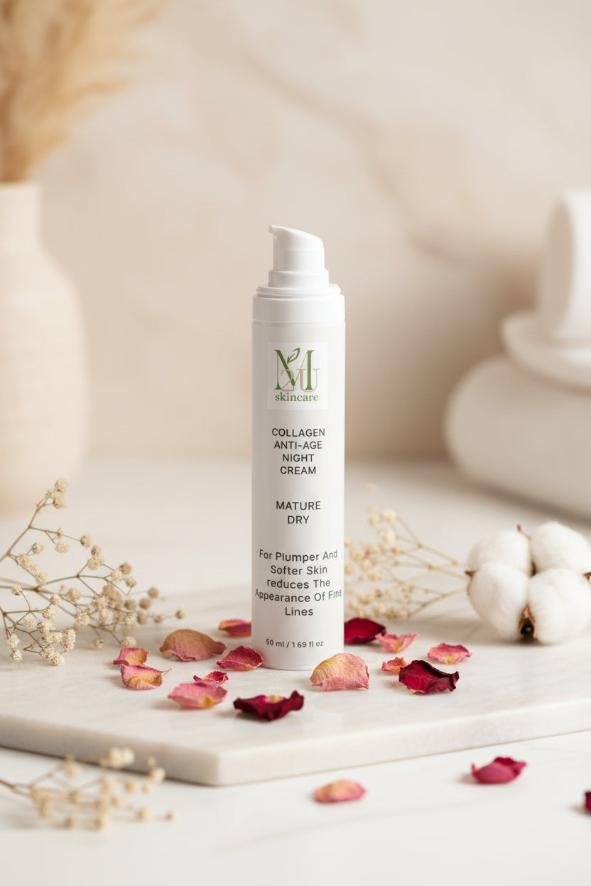 A white pump bottle of Mlinicare Collagen Anti-Age Night Cream with a white cap, set against a clean white background.