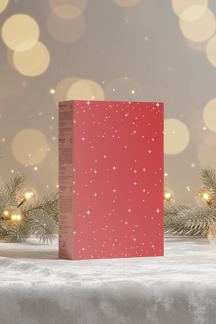 A rectangular product box with a coral pink cover decorated with a scattered pattern of small white stars, shown standing upright on a light gray studio background.