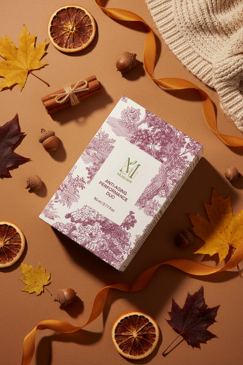 A rectangular skincare box standing upright on a light gray background. The box features a white center label with the brand name 'M1 skincare' and the product name 'ANTI-AGING PERFORMANCE DUO', surrounded by a pink toile de Jouy floral pattern on the front and side.