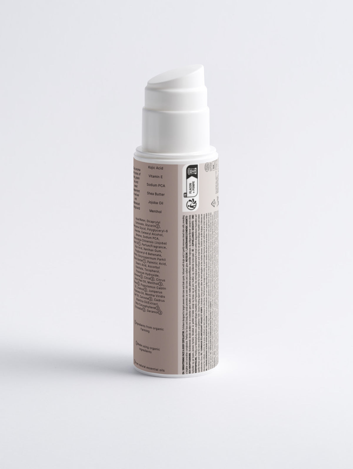 A cylindrical cosmetic pump bottle with a white pump and a beige label, shown on a clean white background.