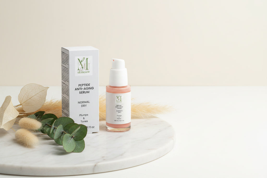 A skincare product bottle with a white pump and a matching white box, both labeled 'MII Skincare Peptide Anti-Aging Serum', on a clean light gray background.