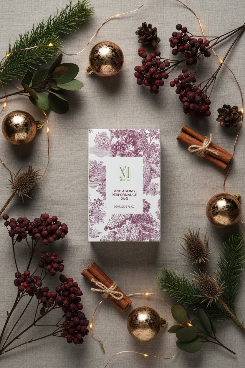 A rectangular skincare box standing upright on a light gray background. The box features a white center label with the brand name 'M1 skincare' and the product name 'ANTI-AGING PERFORMANCE DUO', surrounded by a pink toile de Jouy floral pattern on the front and side.