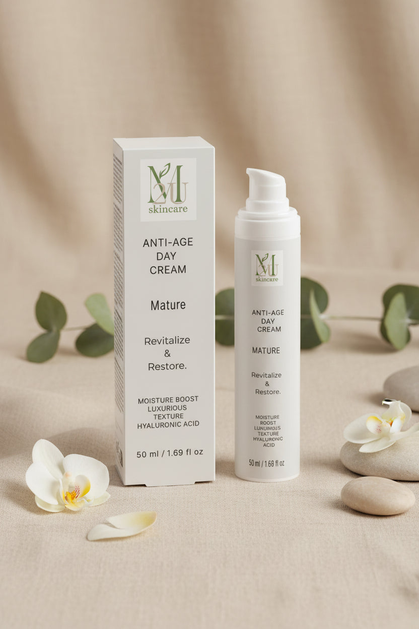 A skincare product set featuring a white pump bottle and its matching white rectangular box, labeled 'Anti-Age Day Cream Mature' by 'MIL skincare', on a clean white background.