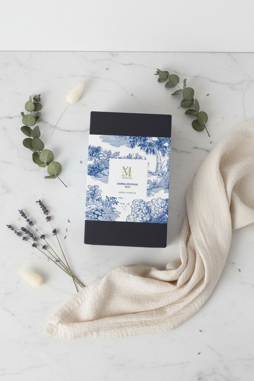 Product packaging with blue floral design and 'Lumiskin' branding on a white background